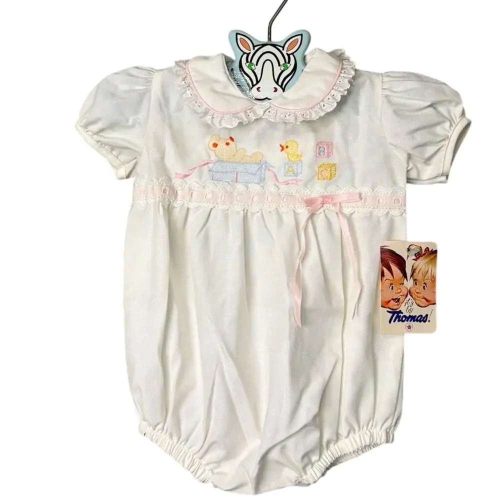 1980s Baby Romper Deadstock Embroidered One Piece NWT Heirloom 6-9 M Vintage